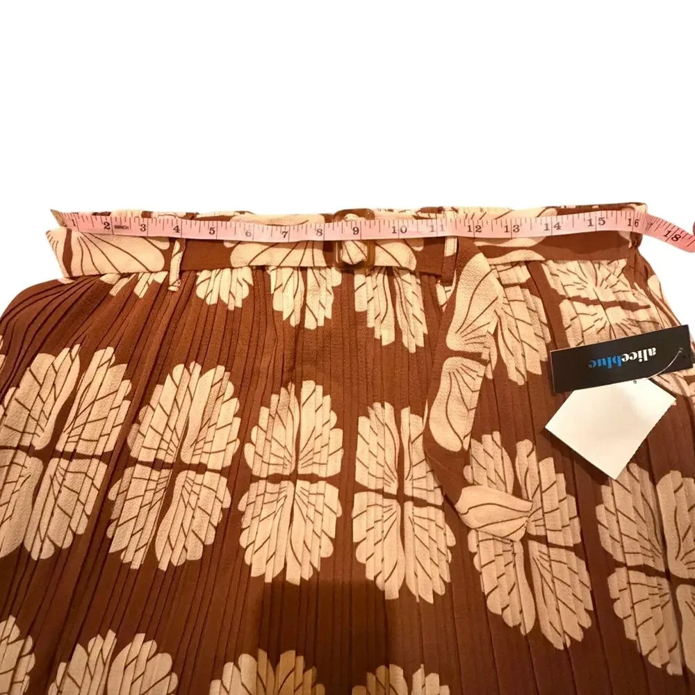Alice Blue Boho Pleated Midi Skirt Brown Leaf Print Buckle Belt XL NWT